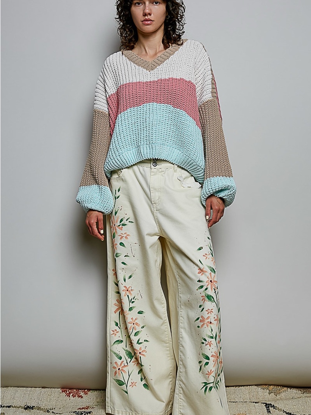 GST361 POL Colorblock V-Neck Sweater in Pink, Mint & Beige - Picture 2 of 6